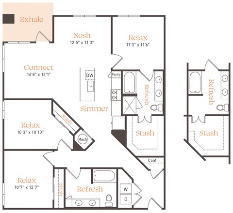 Floor plan for 3 beds, 2 baths, 1485 sqft